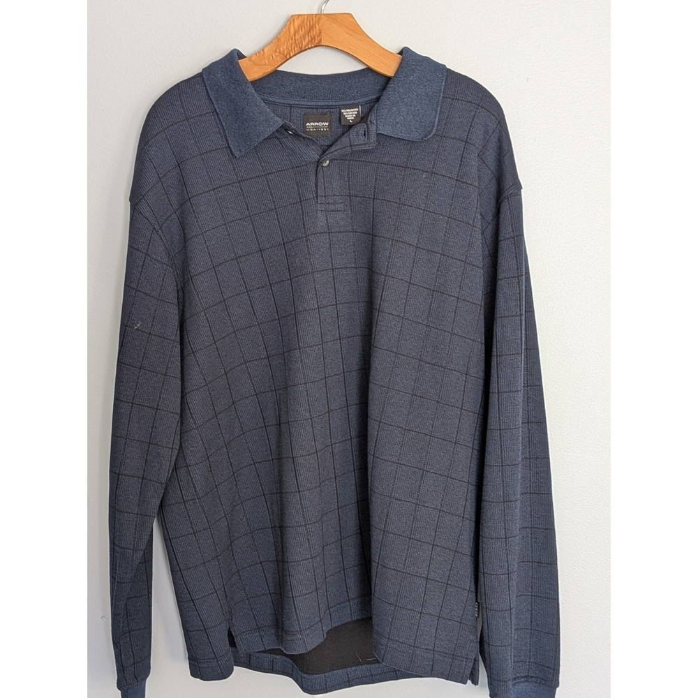 Arrow USA 1851‎ Mens Navy Blue Windowpane Check Long Sleeve Polo Shirt Large